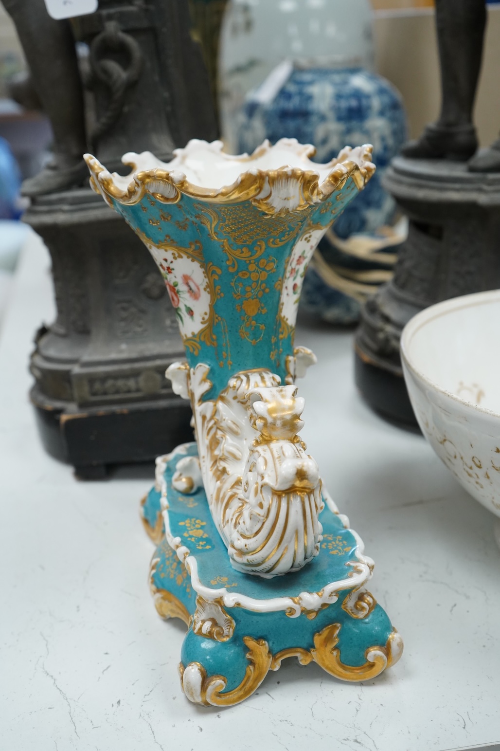 A 19th century French cornucopia vase and a Continental bowl, tallest 26cm